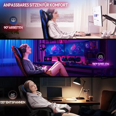 Ігровий крісло Dowinx з RGB підсвічуванням, LED, з підніжкою, для дорослих, ергономічний, з масажем попереку, PU шкіра, білий (блакитний)