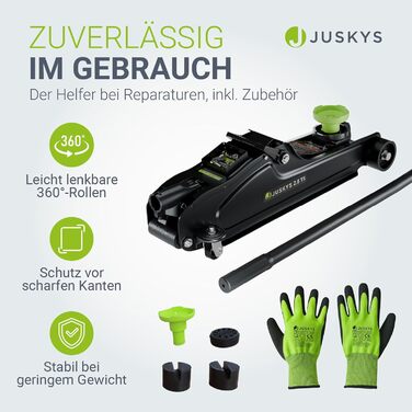 Підйомник гідравлічний Juskys 2.5 т, сталевий, 85-390 мм, з кейсом, гумовими накладками та аксесуарами - Чорно-зелений