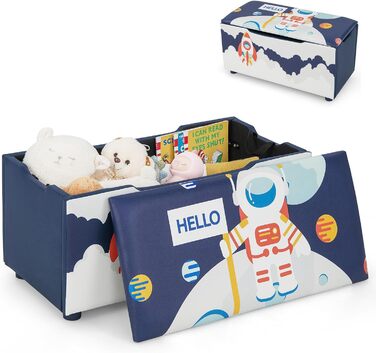 М'яка дерев'яна коробка для іграшок, 75x36x38см, лавка дитяча, іграшкова скриня зі знімною кришкою, дитяча скриня, ящик для зберігання для дитячої кімнати (Синій - Космонавт)