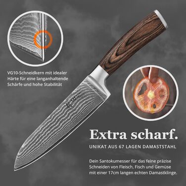 Японський ніж Santoku Wakoli з дамаської сталі (серцевина VG10) 17 см – гострий кухонний ніж для всіх видів нарізок, з ручкою з паккавуду, у подарунковій коробці (без гравію)