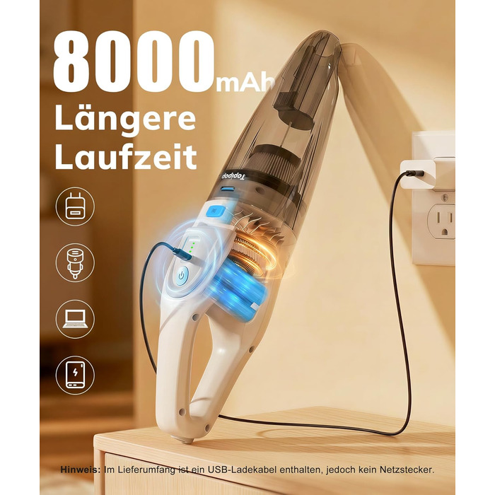 Акумуляторний ручний пилосос для авто та дому, 25000Па, бездротовий з HEPA-фільтром та набором насадок, білий