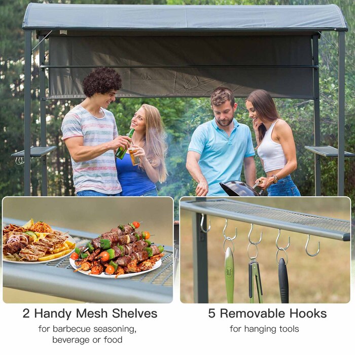 Outsunny BBQ Альтанка барбекю з вогнезахисним дахом, 2 полиці, чорний поліестер, 218x138x216 см, ідеально підходить для саду та патіо