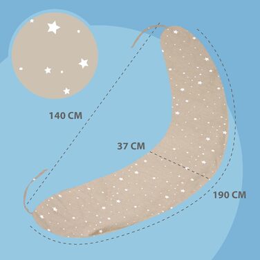 Подушка для сну на бік для малюків Totsy Baby, 190 см, з мусліновою наволочкою, Oeko-Tex (Бежева з білими зірками)