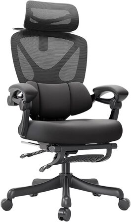 Ергономічне крісло для офісу та ігор з високою спинкою, регульованою поперековою підтримкою, дихаюча сітчаста тканина, широке сидіння, підставка для ніг, стабільне комп'ютерне крісло (Білий) (Чорний)