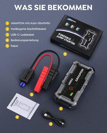 Powerbank Starthilfe AIMAPOW для автомобіля з компресором 160PSI, 27000mAh, 4000A, для бензинових та дизельних двигунів (до 12.0L), LED-ліхтар 600 LUM