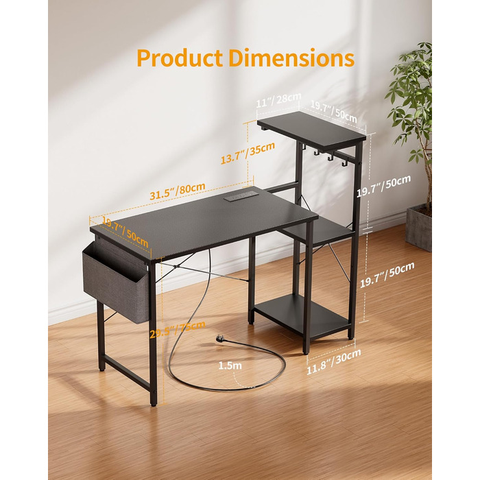 Ігровий стіл CubiCubi зі розетками (2 AC+USB-A+USB-C), 110 x 50 см, з регульованою полицею, 4 гачками та кишенею, для кіберспорту, дому та офісу, карбонове волокно, чорний