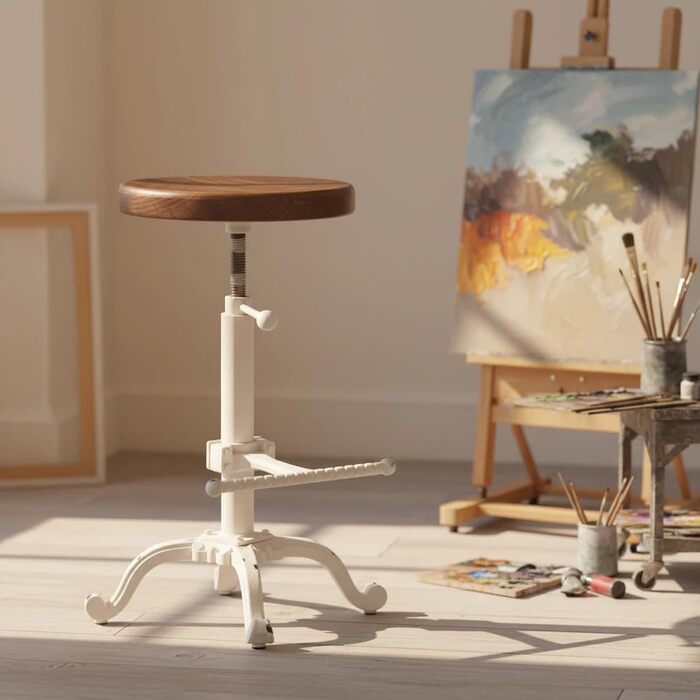 Табурет-стілець у стилі ретро/вінтаж від Topower: дерев'яний, поворотний, регульована висота, для кухні (античний білий)