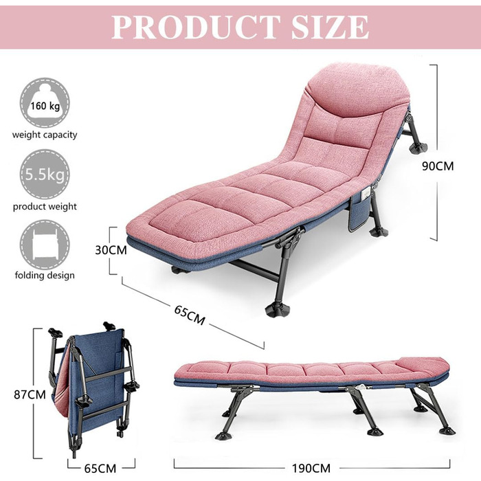 Розкладне кемпінгове ліжко-шезлонг XXL посилене, регульована спинка, компактне польове ліжко для відпочинку на природі та вдома (Рожеве)