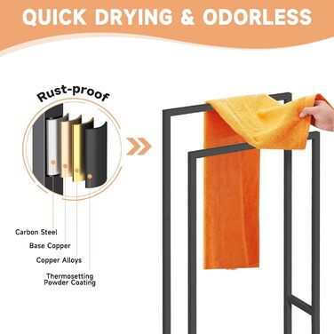 Підставка для рушників на підлозі, металева, чорна, з 2 перекладинами, для ванної кімнати, стабільна, економна