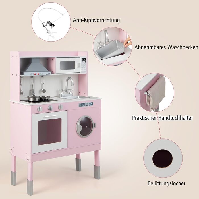 Дитяча кухня з дерева з аксесуарами, витяжка, пральна машина, звуки та світло, рожевий