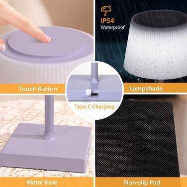 LED лампа Aigostar на акумуляторі, торшери бездротові, торшер з сенсорним керуванням, регулювання яскравості, 3 колірні температури, нічник IP54 вологостійкий для дому та саду, спальня, вітальня, ресторан, сад - (фіолетовий)