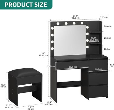 Дзеркальний туалетний столик YITAHOME з підсвічуванням та 4 шухлядами, чорний
