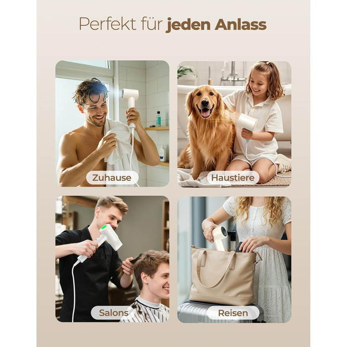 Іонний фен для волосся з дифузором, швидке сушіння 150 000 об/хв, 500 млн негативних іонів, 8 температурних режимів з LED-дисплеєм, для кучерявого та густого волосся, бежевий