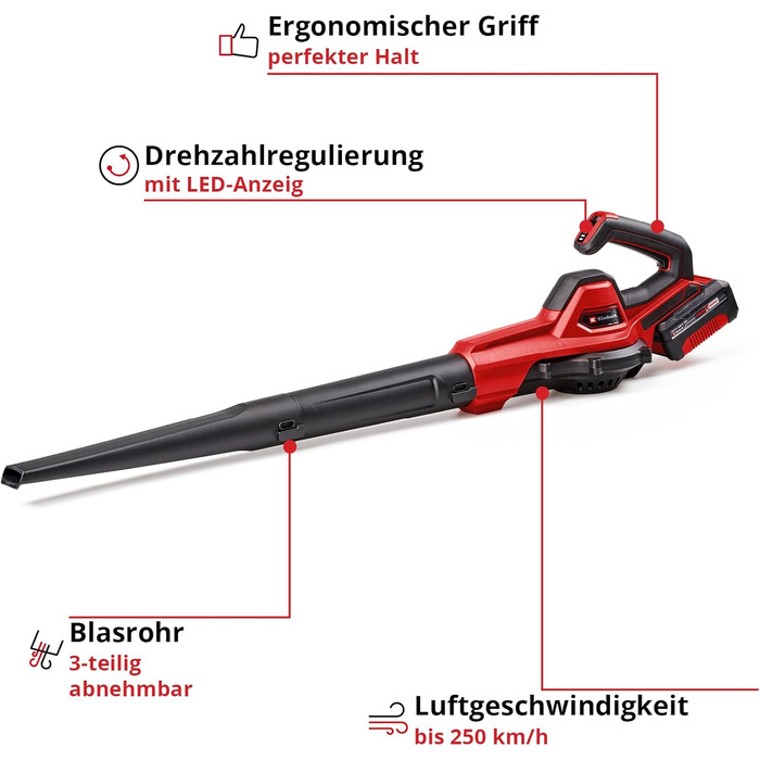 Einhell GE-UB 18/250 Li E-Solo: Акумуляторний повітродув Power X-Change (18 В, 250 км/год, 3 насадки, регулювання швидкості, без акумулятора + акумулятор 4.0Ah та зарядний пристрій)