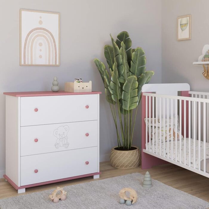 Комод з пеленальним столиком Kiki Design | 80x46 см | 3 висувні ящики | Для дитячої кімнати | Гравірований ведмедик | Рожевий