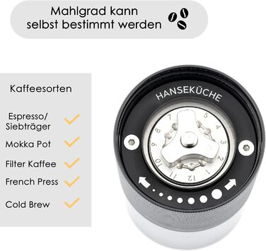 Кавомолка ручна з прецизійним шліфувальним механізмом з нержавіючої сталі та дерев'яним руків'ям - конічний жорно для еспресо, кавомолка для еспресо, нержавіюча сталь (чорний)