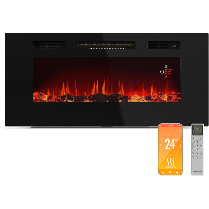 Електрокамін Klarstein Galeras Smart 1800 Вт, LED-полум'я, з додатком та пультом, регульовані кольори й яскравість, захист від перегріву, настінний, чорний, 102x47x13 см