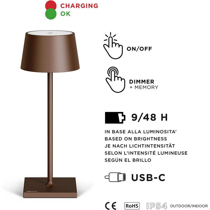 Стильна LED-лампа Stilosa на акумуляторі - бездротова, диммирувана, з сенсорним керуванням, USB-C, для дому та на вулицю, квадратна основа (30 см), бронза