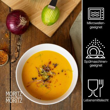 Набір посуду Moritz & Moritz BASIC 18 предметів на 6 осіб - сучасний, з високоякісного порцелянового посуду, класичний білий колір. Включає: 6 тарілок для вечері, 6 тарілок для десерту, 6 салатників (мисок).