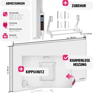 Інфрачервоний обігрівач tectake із захистом від нахилу, термостатом і захистом від перегріву, інфрачервоний обігрівач для стіни, для стельового монтажу або як інфрачервоний обігрівач Підлоговий агрегат електричний (1100, Ватт) (900 Вт)