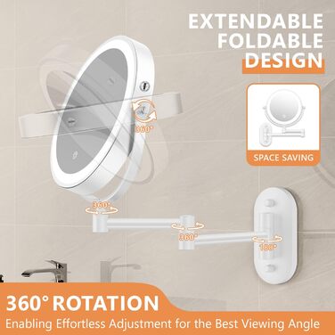 Дзеркало для макіяжу Auxmir з підсвічуванням, 1x, перезаряджуване, з підсвічуванням для гоління, настінне, з регулюванням яскравості, збільшувальне (30x), 3 кольори світла, поворотне на 360°, для ванної кімнати (білий)