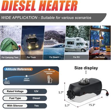 Дизельний опалювач Triclicks 12V 5kW з LCD-дисплеєм та пультом керування для авто, RV, вантажівок та житлових авто
