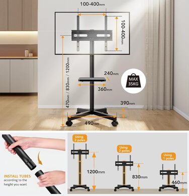 Підставка для телевізора мобільна з колесами Hemudu 23-60 дюймів, до 35 кг, VESA 400x400 мм, регульована висота