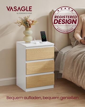 Приліжкова тумбочка VASAGLE Kailyn з розетками та USB-портами, 3 висувні ящики, сучасний дизайн, сіро-коричневий колір, LET831G01