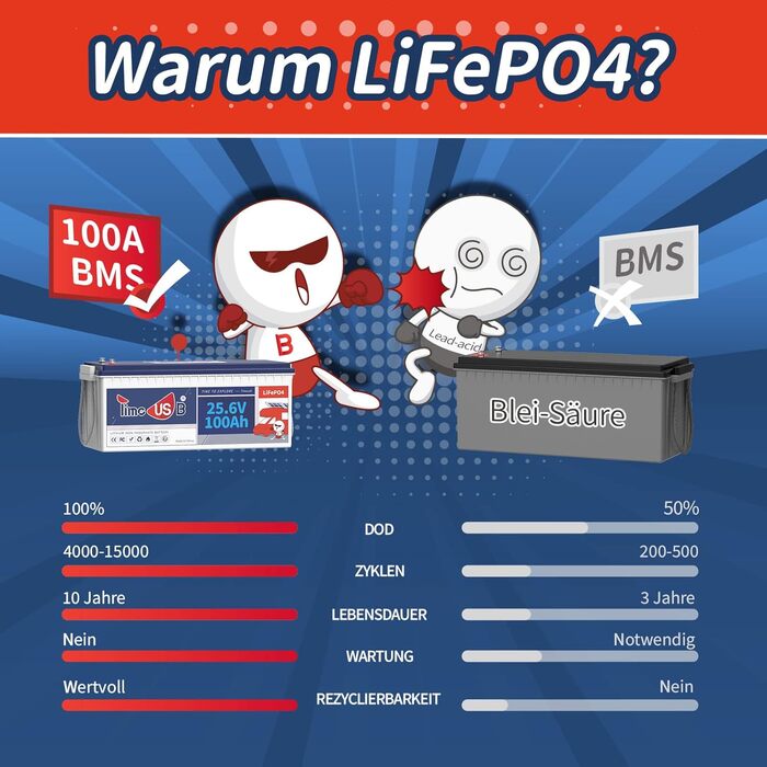 Акумулятор LiFePO4 Timeusb 24 В 100 Ач, 2560 Втгод, 100 А BMS, 10 років, для автофургону, кемпера, накопичувача енергії