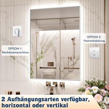 LED дзеркало для ванної кімнати 60x80 см з підсвічуванням, сенсорне, регулювання яскравості, 3 кольори світла, проти запотівання, водонепроникне IP44, горизонтальне/вертикальне