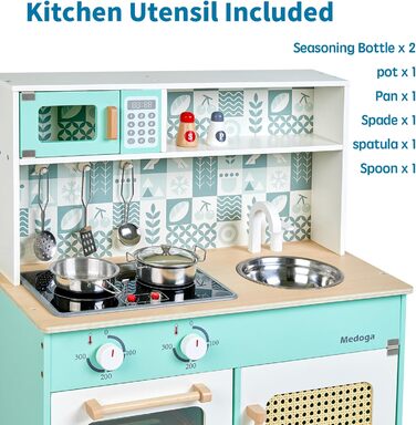 Дитяча дерев'яна кухня для гри - ігровий набір з аксесуарами, 26 предметів, іграшкова кухня для дітей 3+ років, велика зелена кухня