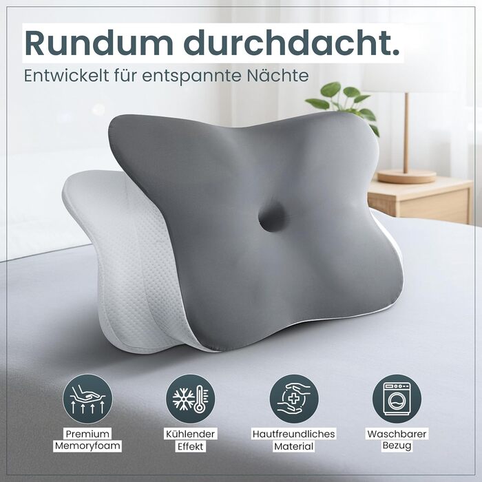 Ортопедична подушка для шиї при болях у шиї з високоякісної піни з пам'яті - Ергономічна подушка для шиї - Подушка для сну на боці, спині та животі - пральний чохол при 40°C Білий (61 x 40 x12, Сірий)