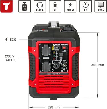 Генератор STIER SNS-190 Premium: бензиновий інверторний генератор, 4 л, 6 годин роботи, тихий (59 дБ), 4-тактний двигун, датчик масла, Eco-режим