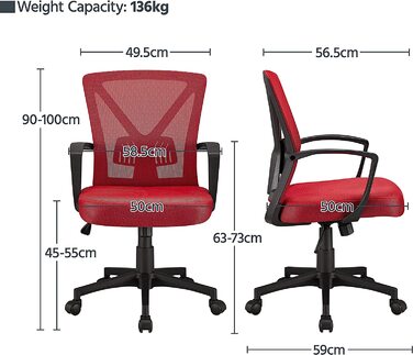Офісне крісло Yaheetech, робоче крісло, обертове крісло з сітчастою спинкою, комп'ютерне крісло ергономічного дизайну, крісло для керівника з підлокітниками, вантажопідйомність до 136 кг (червоний)