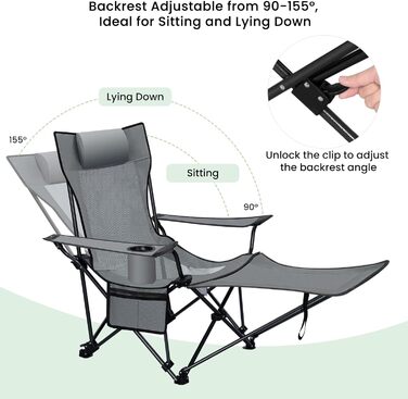Крісло для кемпінгу WOLTU складне, складне крісло для риболовлі ультралегке, шезлонг складаний стілець розкладний стілець, шезлонг пляжний, з регульованою спинкою підставка для ніг, 150 кг CPS8162 сірий