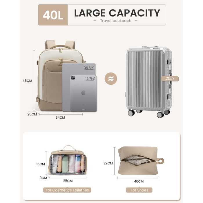 Чоловічий/Жіночий рюкзак OVEVOOK для ручної поклажі в літак, 40л, великий дорожній рюкзак-валіза з відділенням для ноутбука, водонепроникний, для подорожей, ділових поїздок, вихідних (L, Хакі-беж)