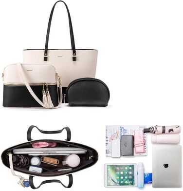 LOVEVOOK Набір сумок для жінок: 3 шт. (шоппер, сумка на плече, сумка з ручкою) – для подорожей, бізнесу, шопінгу (бежевий+чорний)