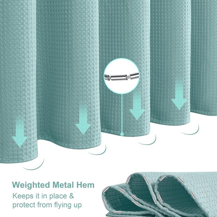 Шторка для душу з льону з металевими кільцями, тканинна, текстильна, для ванни, антигрибкова, водонепроникна, важка, для ванної кімнати, 182 x 182 см (Морська синя) (Вафля - Турквіс, H214 x B182 см (1 шт))
