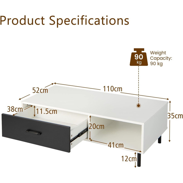 Журнальний столик LIFEZEAL білий, Стіл для вітальні з ящиком, Прямокутний журнальний столик Тумба під телевізор з металевими ніжками, Чайний столик Журнальний столик для вітальні, спальні та офісу, 110 x 52 x 35 см