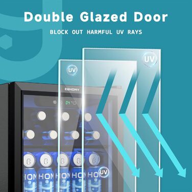 Міні-холодильник EUHOMY для напоїв на 55 банок з скляною дверцятами, чорного кольору, 36 л, для офісу, кімнати, бару, з LED-підсвіткою, 43 дБ