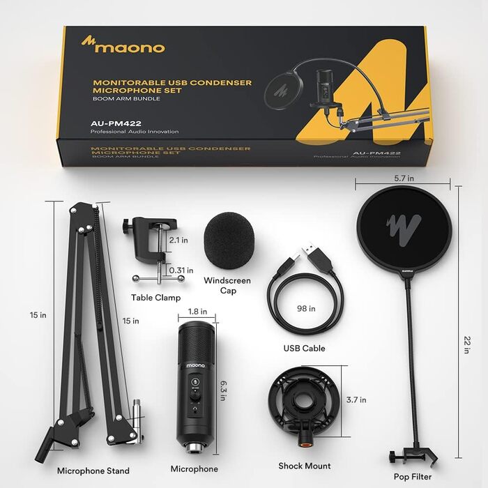 MAONO USB мікрофон для ПК, AU-PM422, конденсаторний кардіоїдний мікрофон з кронштейном, кнопкою вимкнення звуку, виходом для навушників, 192 кГц/24 біт, для запису, стрімінгу, подкастів, геймінгу, YouTube, сумісний з PS4/5, ПК, Mac