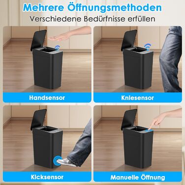 Набір сміттєвих відер Dreamhigh 2 шт. з сенсором, 15L та 12L, електричні, з автоматичним відкриванням кришки, смарт-відра з 3 режимами відкривання, тихі та водонепроникні для кухні, ванної, офісу, вітальні, чорного кольору