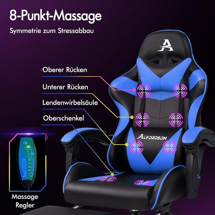 Ігровий крісло Alfordson з підніжкою, масажем, регулюванням на 150° та PU-шкірою. Макс. вага 180 кг, серія Eryx (Чорний/Синій)