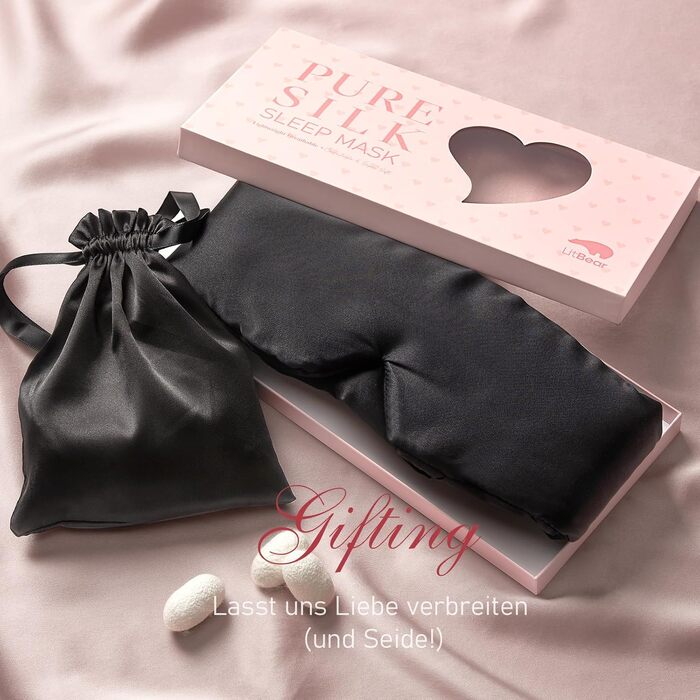 Шовкова маска для сну LitBear, 100% шовк 22 momme, для жінок та чоловіків, регульована, з підкладкою, чорна