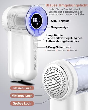 Електричний видальник ворсу Homtronics з USB-зарядкою, LED-дисплеєм та 6-кліновою головкою для одягу, диванів та килимів (білий)