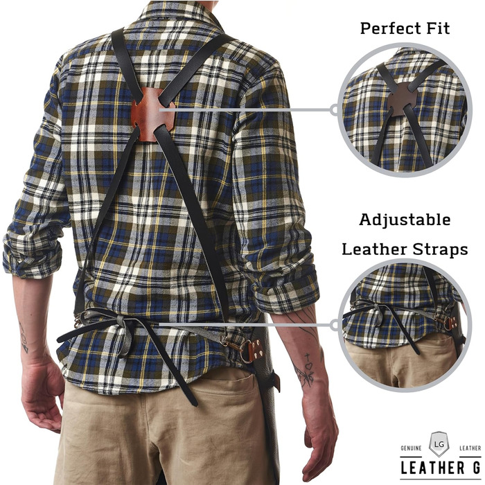 Чорний шкіряний фартух для гриля з тримачем для пива, BBQ фартух для майстра гриля - міцний, з кишенями, регульовані бретельки