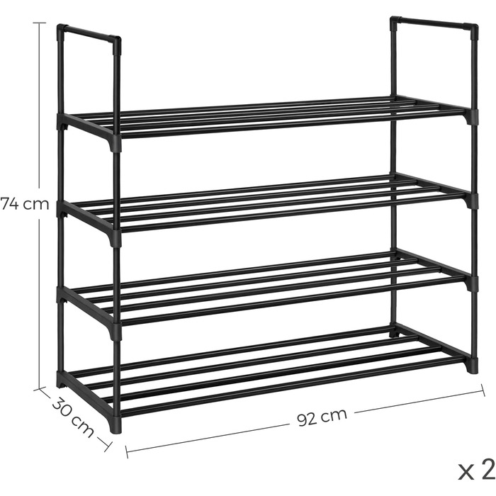 Полиця для взуття 4 рівня, комплект з 2 шт. , полиця для взуття металева, місце для зберігання взуття, органайзер для взуття на 16-20 пар взуття, штабельований, для передпокою, вітальні, спальня, 30 х 92 х 74 см, чорний LSA08BK 2 4 рівня (30 х 92 х 74 см)