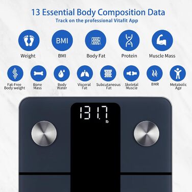 Ваги жиру в організмі Vitafit з додатком, Bluetooth, 180 кг, аналіз організму на жир, ІМТ, м'язи, чорний