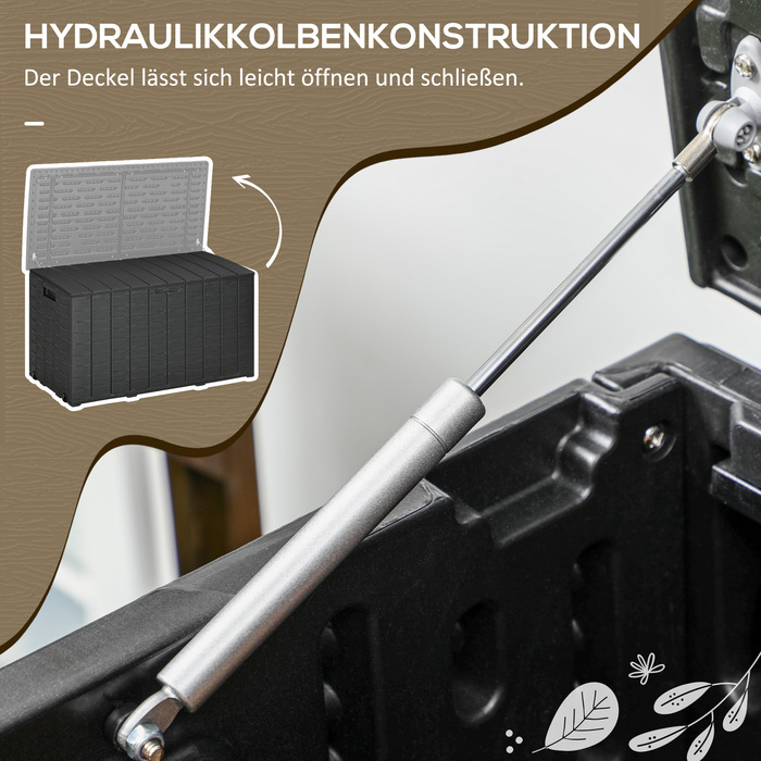 Ящик для подушок Gartenbox об'ємом 366 літрів з міцного двостінного пластику. Водостійкий, з колесами та зручними ручками для переміщення. Має реалістичне імітування текстури дерева.