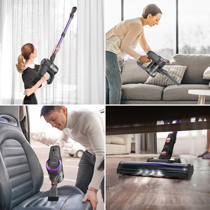 Бездротовий акумуляторний пилосос 25000Pa з антинамотувальною насадкою та автономністю 50 хвилин. Підходить для килимів, твердих підлог та видалення шерсті тварин. Колір: фіолетовий